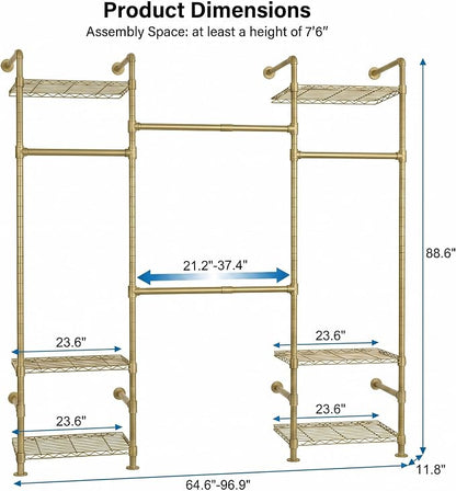 Wall Mounted Closet System – Adjustable Clothing Rack with 4 Expandable Rods & 6 Shelves, Heavy Duty Industrial Pipe Clothes Rack for Closet Organizer and Storage, Gold