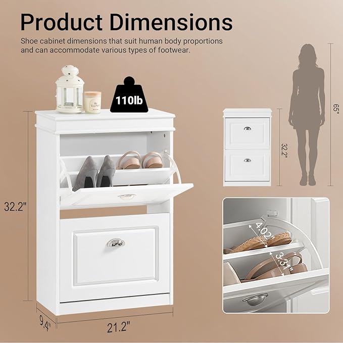 SoBuy Small Shoe Cabinet, Slim Shoe Rack 2 Flip-Drawers, Thin Shoe Storage Cupboard Organizer Unit for Entryway and Hallway, White FSR78-W