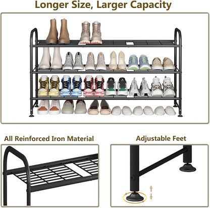LINZINAR Shoe Rack Long 3 Tier Metal Shoe Organizer Metal Wide Shoe Shelf for Closet Entryway Bedroom Large Capacity Black