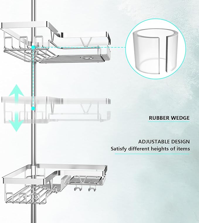 DAOYA Shower Caddy Tension Pole - Corner Shower Shelves with Soap Holder Bathroom Shower Organizer for Tub (Stainless Steel, Silver, Floor to Ceiling 25-114.2 inch)