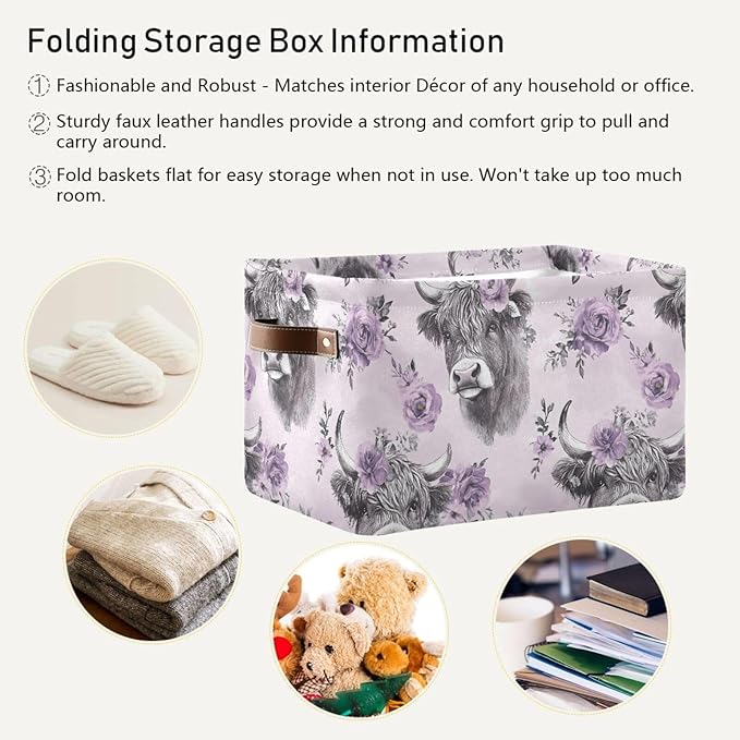 Large Storage Basket Highland Cow Purple Flower Storage Bin Cube Canvas Fabric Organizer Handles Collapsible for Clothes Toys Bedroom Decorative