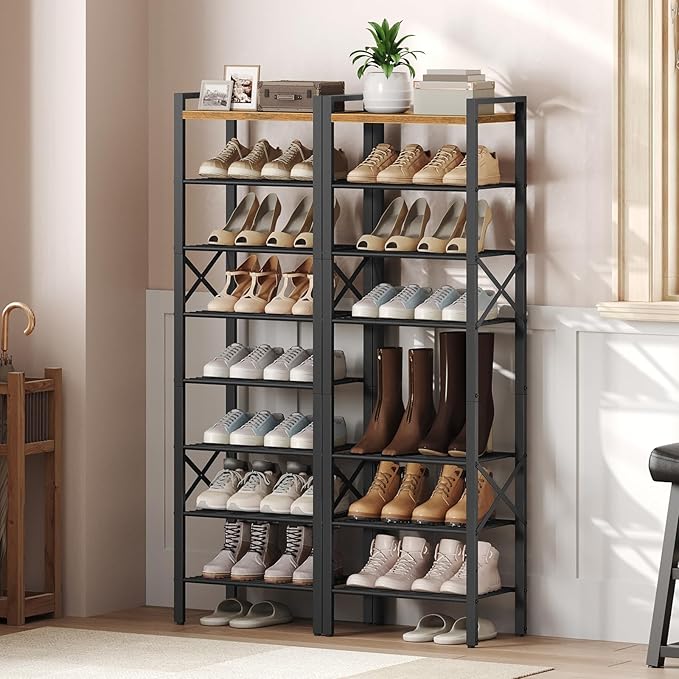 YATINEY 8-Tier Narrow Shoe Rack, Tall Shoe Rack for 8-16 Pairs, Slim Shoe Storage Organizer with Wooden Top, Space Saving, Metal Frame, for Entryway, Rustic Brown and Black SS608BR