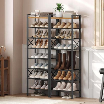 YATINEY 8-Tier Narrow Shoe Rack, Tall Shoe Rack for 8-16 Pairs, Slim Shoe Storage Organizer with Wooden Top, Space Saving, Metal Frame, for Entryway, Rustic Brown and Black SS608BR