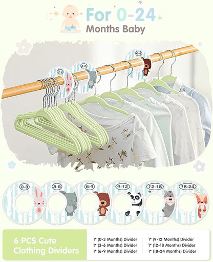 VIS'V Baby Hangers, 11 Inch Velvet Kids Hangers with 6 Pcs Clothes Size Dividers, Infant Toddler Nursery Closet Organization, Non Slip, Lime Green, 30 Pcs