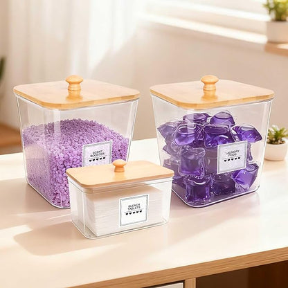 4 Pack Laundry Pods Container and Dryer Sheet Holder with Bamboo Lids, Laundry Room Organization Set with Labels and Scoops for Detergent Powder, Scent Booster Beads, 2600 +2000ml/0.53+0.7gal