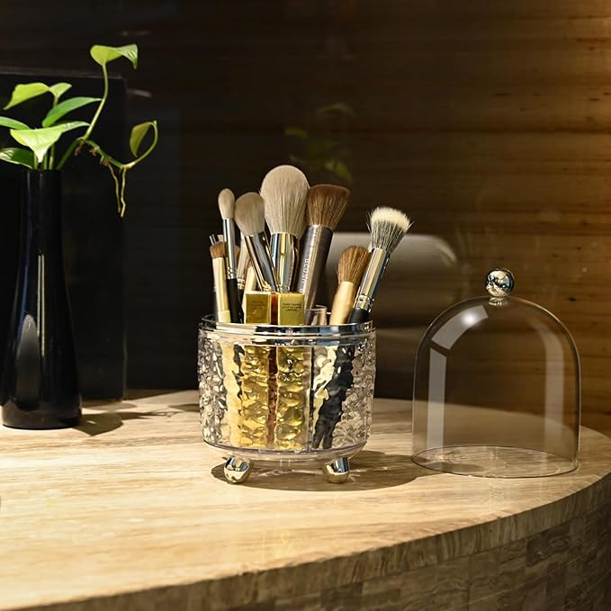 Makeup Brush Holder with Lid Cosmetic Tools Organizer 360 Rotating Make up Brushes Storage for Vanity, Waterproof & Dustproof (Clear)