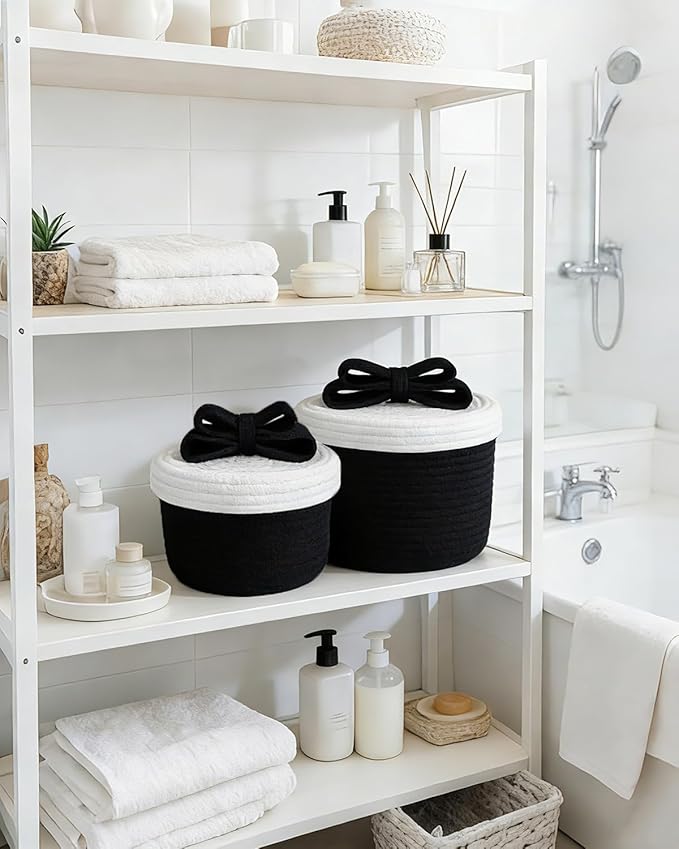 Decorative Storage Baskets with Lids, Small Woven Rope Basket with Lid, Decorative Basket for Home Decor, Dog Toy Storage Baskets with Cute Bow Handle, Black