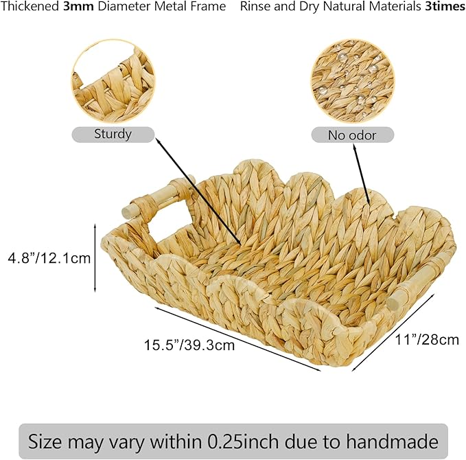2Pack Scalloped Edge Wicker Basket,Hand-Woven Rattan Baskets with Wooden Handles,Natural Water Hyacinth Basket for Laundry,Shelves,Gift Basket