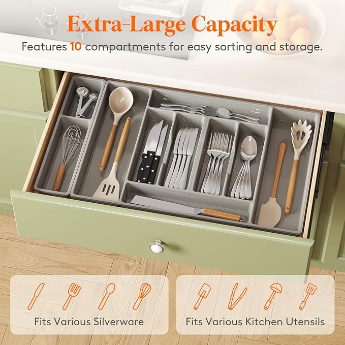 Lifewit Silverware Organizer, Plastic Kitchen Utensil Drawer Tray, Cutlery Flatware Storage Holder for Spoons Forks Knives, 28 x 16"/ 72 x 42cm, 10 Compartment, Gray