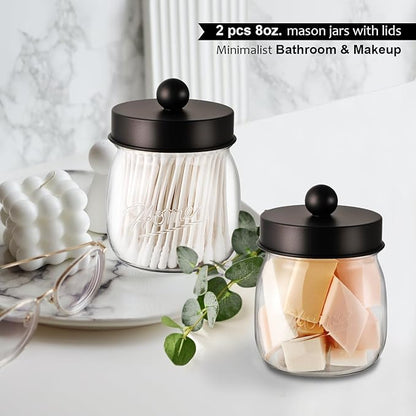 Farmhouse Decor Apothecary Jar Set,Mason Jar Bathroom Vanity Storage Organizer Canister-Qtip Holder Plastic Acrylic Jar for Cotton Swabs, Cotton Pad, Floss Pick, Paper Clip, Hair Clip (4 Pack, Bronze)