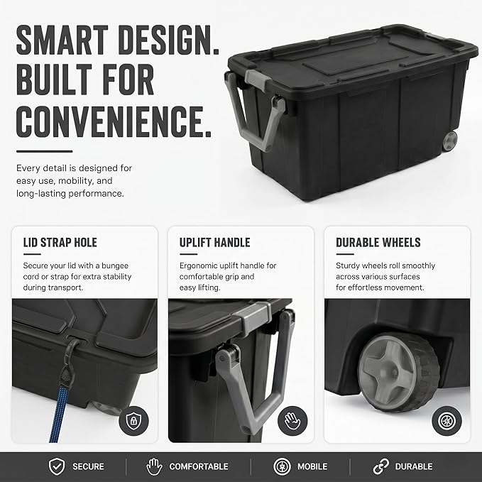 Extra Large 40 Gallon Wheeled Industrial Storage Bins, Heavy Duty Plastic Stackable Totes with Latch Lids and Pull Handle for Garage, Basement, and Moving, Dark Gray, 2 Pack