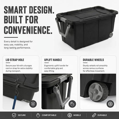 Extra Large 40 Gallon Wheeled Industrial Storage Bins, Heavy Duty Plastic Stackable Totes with Latch Lids and Pull Handle for Garage, Basement, and Moving, Dark Gray, 2 Pack