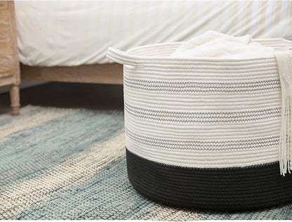 R RUNKA XXXLarge Cotton Rope Basket 22" X 22"X 14" Blanket Basket for Living Room Woven Basket Soft Baby Laundry Blanket Basket Nursery Bin Toy Basket with Handle White+Black