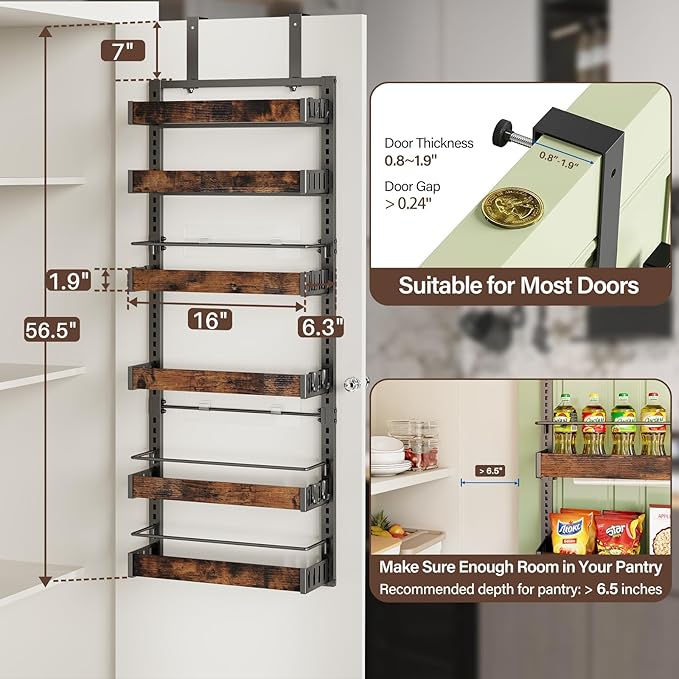 6 Tier Over The Door Pantry Organizer, 2 IN 1 Wall Mount or Metal Hanging Spice Rack for Pantry Organizers and Storage, Seasoning Shelves，Adjustable Basket with Hooks for Kitchen Cabinet and Closet