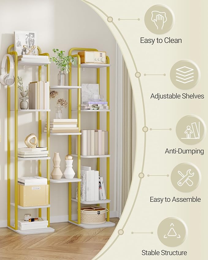Hzuaneri 8 Tiers Vertical Shoe Rack, Narrow Shoe Tower, Tall Shoes Shelf with 2 Hooks, Adjustable Shelves, Corner Shoes Shelves for Small Spaces, Entryway, Living Room, White Gold SR04313A