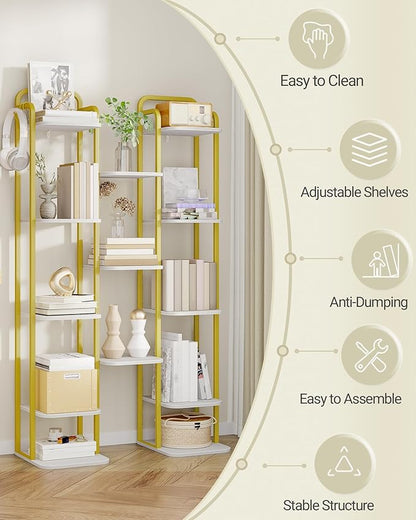 Hzuaneri 8 Tiers Vertical Shoe Rack, Narrow Shoe Tower, Tall Shoes Shelf with 2 Hooks, Adjustable Shelves, Corner Shoes Shelves for Small Spaces, Entryway, Living Room, White Gold SR04313A
