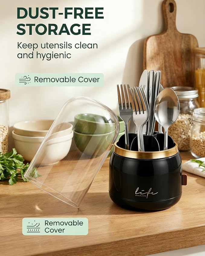 Silverware Organizer with Lid, 360° Rotation Utensil Holder for Kitchen Counter, Silverware Caddy for Party, 7 Slots Fits Standard Utensils & Steak Knives, Not for Extra-Long Knives (Black)