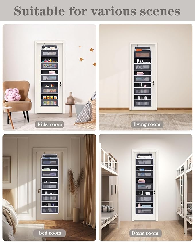 Over The Door Organizer 44LB Capacity with 5 Large Pockets & 10 Mesh Side Pockets, Clear Window Anti-Tilt Hanging Storage for Nursery, Bathroom, Pantry - Dark Grey, 1 Pack