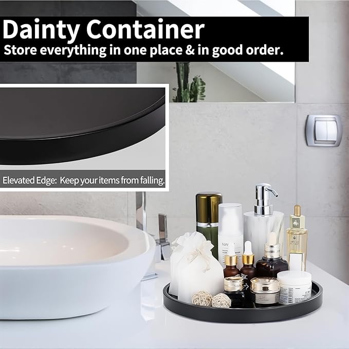 Silicone Bathroom Tray, 9" Round Black Vanity Organizer – Decorative Countertop Tray for Soap, Candle, Perfume, Kitchen & Coffee Table