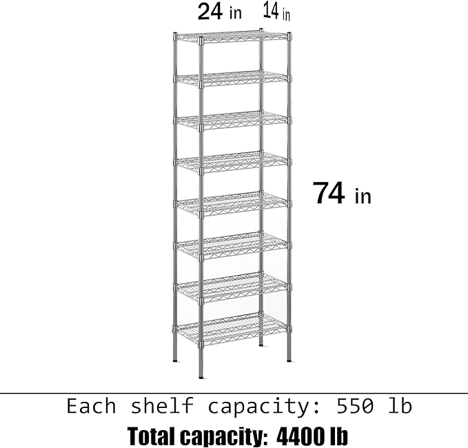 14" Deep x 24" Wide x 74" Height Wire Shelving Kit | 8-Tier | NSF Commercial Storage Rack Unit