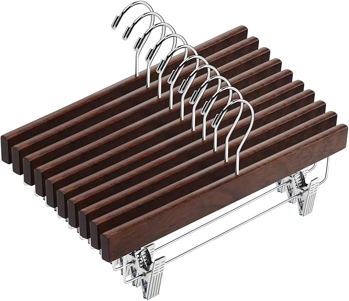 AMKUFO 20pcs Wooden Pants Hangers Solid Pants Hangers with Adjustable Clips 14 Inch Walnut Wood Skirt Hangers Trousers Bottom Hanger with Non-Slip Clips and 360° Swivel Hook