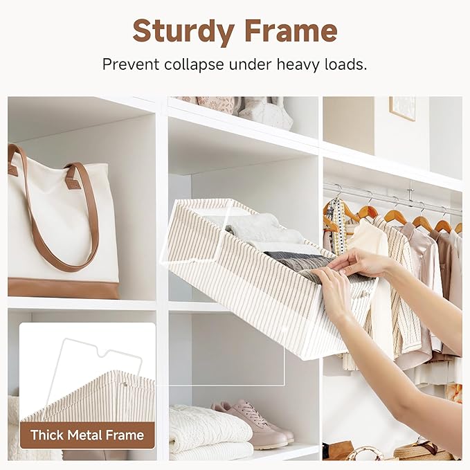 StorageWorks Narrow Storage Bins, Small Basket for Closet and Shelves, Fabric Organizer with Handles, Toilet Paper Storage, Khaki and Beige Stripes, 2-Pack