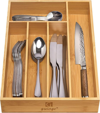 guiogc Kitchen Bamboo Silverware Drawer Organizer，Silverware Organizer and Cutlery Tray with Grooved Drawer Dividers for Silverware, Knives in Kitchen, Bedroom (5 Slot-Natural)