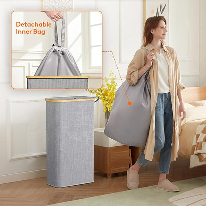 Lifewit 65L Slim Laundry Hamper with Lid, Narrow Laundry Basket with Removable Bag & Bamboo Handles, Fodable Thin Dirty Clothes Hamper for Laundry Collapsible Bin for Bathroom Bedroom Dorm, Gray