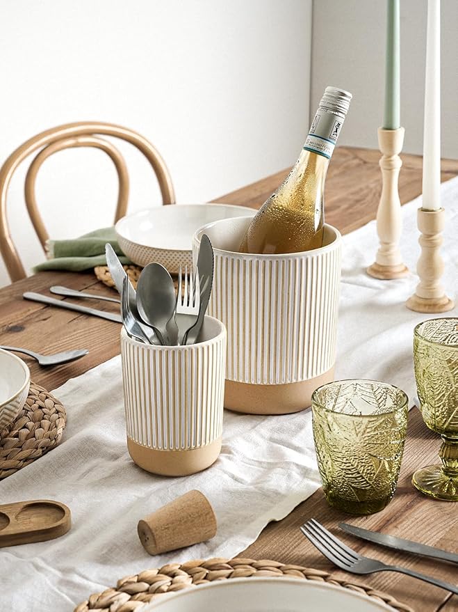 LE TAUCI Ceramic Utensil Holder for Kitchen Counter - 6.9"+5.3" Large Kitchen Utensil Holder Set of 2, Cooking Utensil Crock & Organizer for Spatula, Spoon - Modern Kitchen Decor, Cream Beige, Line