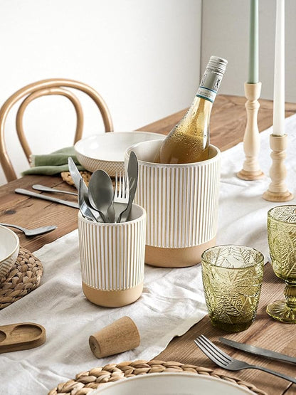 LE TAUCI Ceramic Utensil Holder for Kitchen Counter - 6.9"+5.3" Large Kitchen Utensil Holder Set of 2, Cooking Utensil Crock & Organizer for Spatula, Spoon - Modern Kitchen Decor, Cream Beige, Line