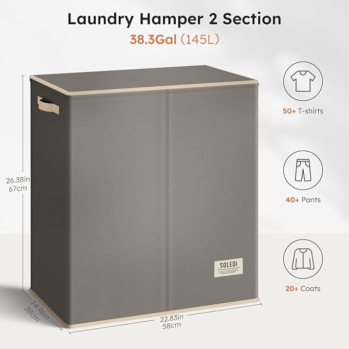 SOLEDI Large Double Laundry Hamper with Lid, Collapsible Clothes Hamper 2 section with Removable Bags, Space-Saving Laundry Basket for Bedroom, Dorm, College