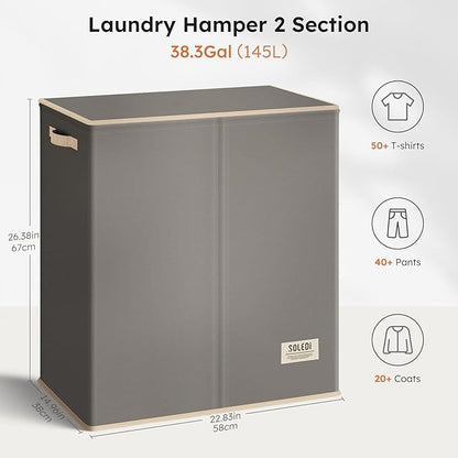 SOLEDI Large Double Laundry Hamper with Lid, Collapsible Clothes Hamper 2 section with Removable Bags, Space-Saving Laundry Basket for Bedroom, Dorm, College