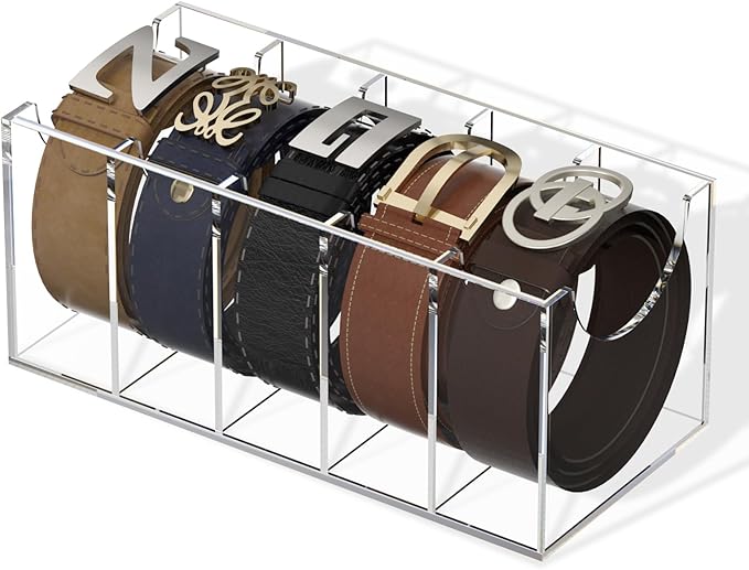 FEMELI Belt Organizer, Acrylic 5 Compartments Container Storage Holder, Clear Display Case for Closet Tie and Bow Tie