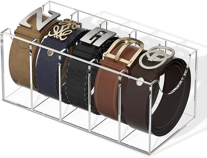 FEMELI Belt Organizer, Acrylic 5 Compartments Container Storage Holder, Clear Display Case for Closet Tie and Bow Tie
