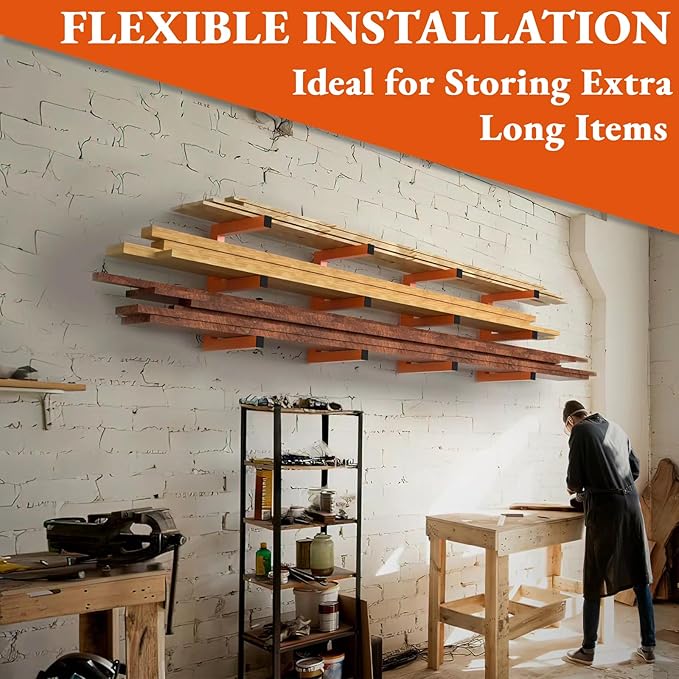 MOOMSINE Lumber Storage Rack Wall Mounted, 6-Level Holds Up 1200 Lbs Heavy Duty Wood Organizer, Metal Shelf for Shed, Workshop, Garage - 4pack, Orange
