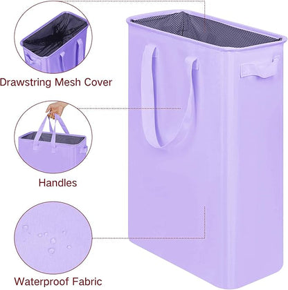 efluky Slim Laundry Basket, Narrow Laundry Hamper with Handles, Collapsible Dirty Clothes Hamper, Tall Laundry Bin for Laundry Room, Dorm and Bedroom, 19.8 Gallon (75L) Light Purple
