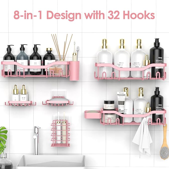 NESOMI Shower Caddy Adhesive Shower Organizer 8-Pack, Rustproof Stainless Steel Bathroom Shelves, Large Capacity No-Drill Rack Storage Accessories with Soap Dish Toothbrush Holder Hooks