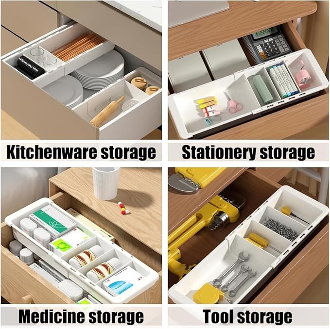 Sliding Drawer Tray with Adjustable Dividers, Expandable Kitchen Storage Organizer, Sliding Drawer Bin, Expandable Drawer Organizer, 2 PCS Drawer Organizer Trays For Utensils, Flatware, Junks
