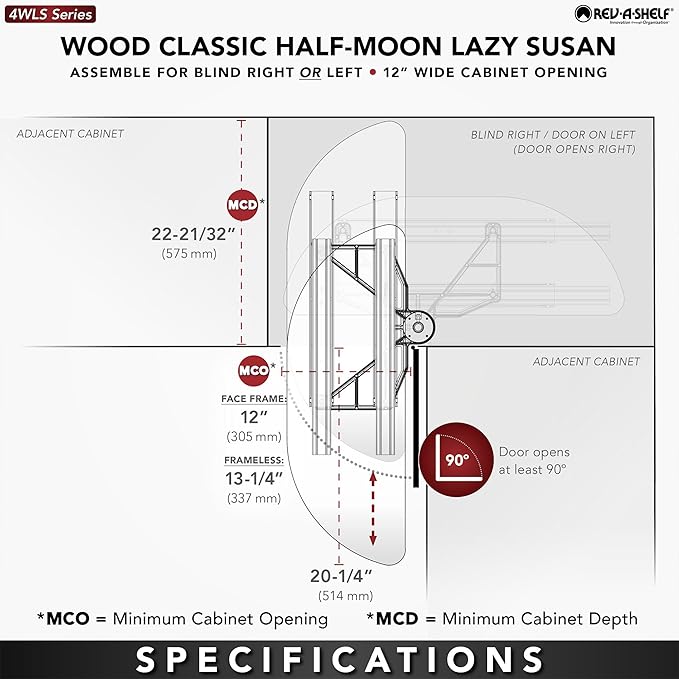 Rev-A-Shelf 32" Dual Shelf Half Moon Lazy Susan Organizer for Diagonal Blind Corner Kitchen Cabinets, Pullout Turntable Trays, Wood, 4WLS882-32-570