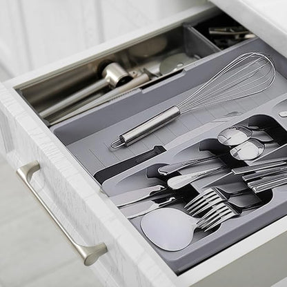 Silverware Drawer Organizer with Expandable Tray for Kitchen Drawer, Adjustable Compact Plastic Kitchen Utensil Storage for Spoons Forks Knives Easy to Access & Save Space