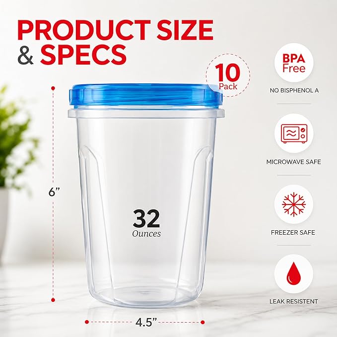 Tafura 10 Pack 32 Oz Freezer Storage Containers Leak-Proof - BPA Free Soup Containers with Lids - Reusable Freezer Containers for Food with Twist Top Lids - Ideal for Meal Prep, Leftovers & Pantry