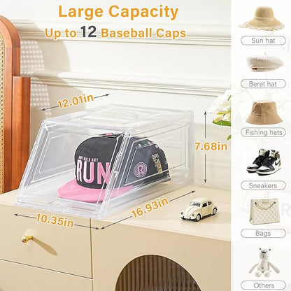 Amllas 2 Pack Stackable Hat Organizer for Baseball Caps, Large Clear Hat Holder with Sliding Drawer, Hat Storage Box with Door, Baseball Cap Organizer