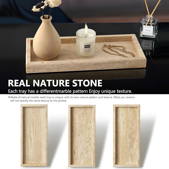 Real Natural Travertine Tray for Bathroom, Vanity, Kitchen and Desktop, Rectangle Genuine Marble Stone Tray for Jewelry, Cosmetics, Candles, Lotion, Perfume and Home Decor, 12"x5" Size