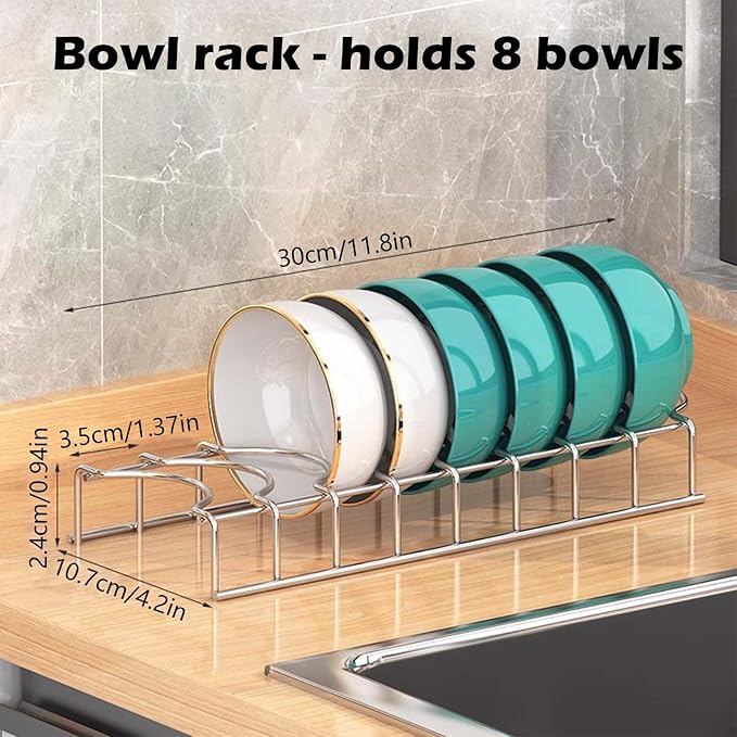 JEPELUS 4 Pack Plate and Bowl Organizer for Cabinet with 2 Absorbent Cloths, Stainless Steel Cutting Board Organizer, 8 Slots Upright Bowl Storage Rack Dish Drying Racks for Pot Lids Plates Bakeware