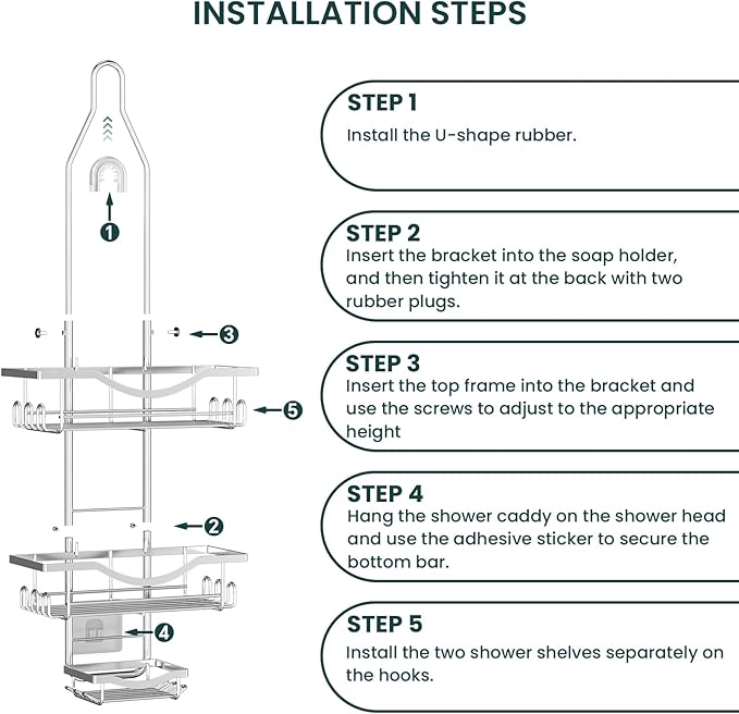 Shower Caddy Hanging Adjustable Shower Caddy, Rustproof Shower Organizer Extended Length Showers Caddy Over Shower Head with Hooks Soap Holder, Large Capacity Anti-Swing Bathroom Organizer, Silver