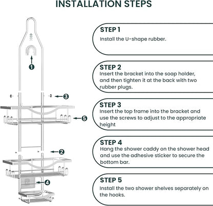 Shower Caddy Hanging Adjustable Shower Caddy, Rustproof Shower Organizer Extended Length Showers Caddy Over Shower Head with Hooks Soap Holder, Large Capacity Anti-Swing Bathroom Organizer, Silver