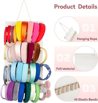 Hanging Headband Holder For Girls,Felt Headband Organizer Headband Storage Holder Organizer For Headband (Without Headbands) (40 Slots Cream)