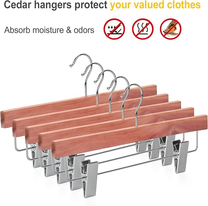 TOPIA HANGER 10 Pack American Red Cedar Natural Wooden Pants Skirt Slacks Bottoms Jeans Hangers with Metal Anti-Wrinkle Adjustable Clips, 360° Stronger Chrome Hooks, CT07P