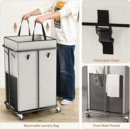 40 Gal Large Laundry Hamper with Lid, Rolling Laundry Basket with Wheels, Oxford Fabric Dirty Clothes Hampers with Removable Laundry Bag & Metal Frame for Bedroom, Laundry Room, Bathroom, Dorm(White)