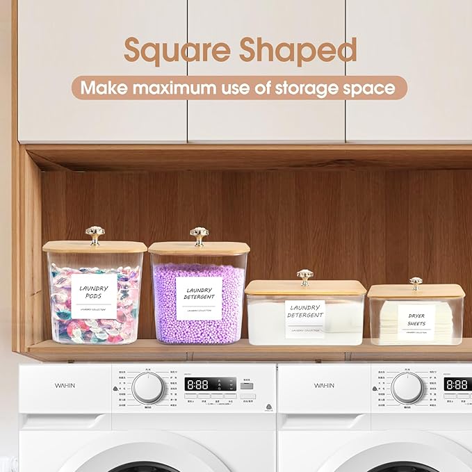 4 Pack Laundry Room Organization Storage Containers, Plastic Clear Laundry Pods Container & Dryer Sheet Holder Jars with Lids, Scoops & Labels for Detergent, Powder, Dryer Balls, Beads